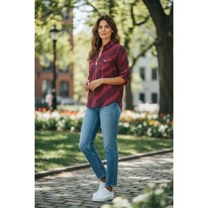 MICHAEL Michael Kors Red Navy Geometric Dot Print Zipper Front Top Women's L